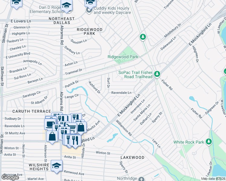 map of restaurants, bars, coffee shops, grocery stores, and more near 6747 Ravendale Lane in Dallas