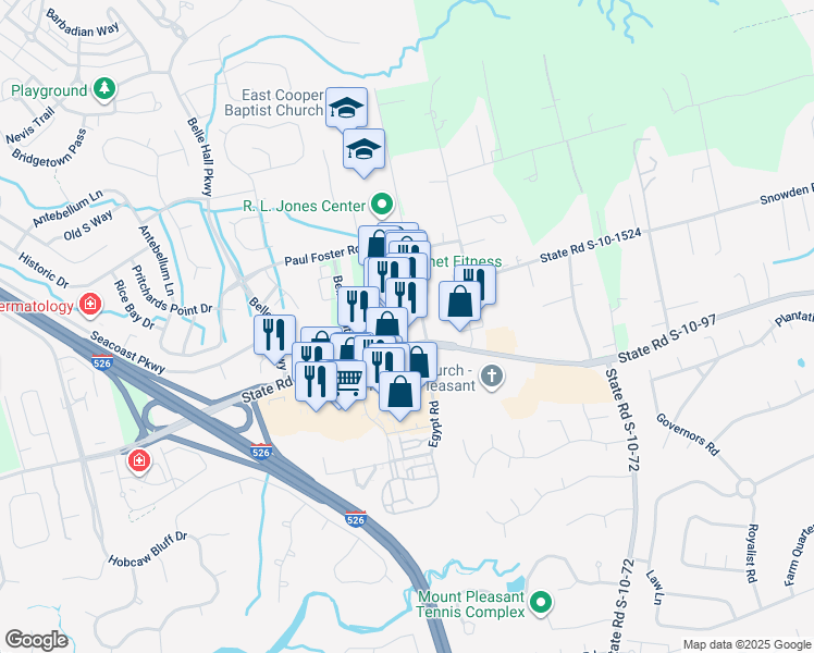 map of restaurants, bars, coffee shops, grocery stores, and more near 697 State Road S-10-97 in Mount Pleasant