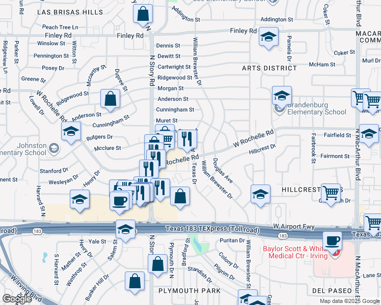 map of restaurants, bars, coffee shops, grocery stores, and more near 2121 West Rochelle Road in Irving