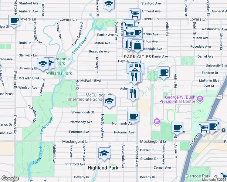 map of restaurants, bars, coffee shops, grocery stores, and more near 3525 Asbury Street in Dallas