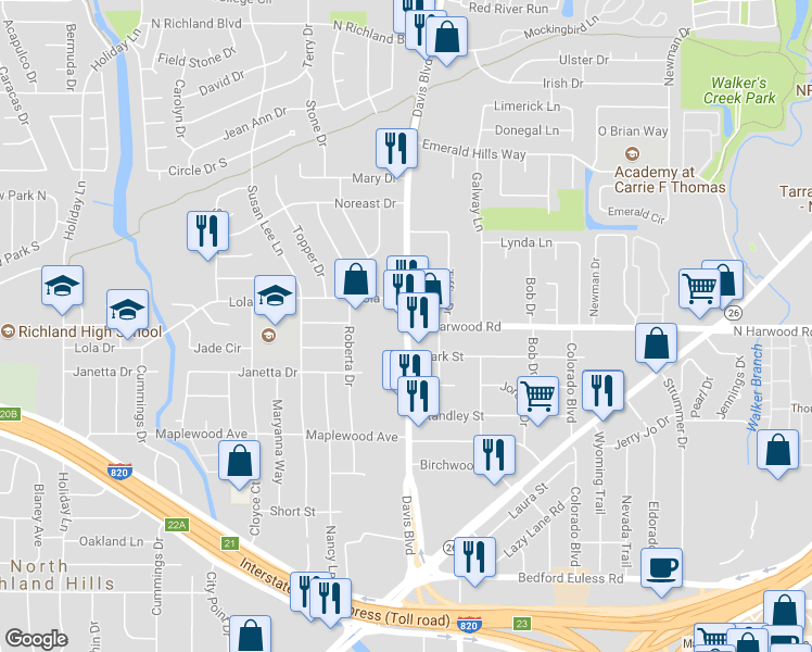 map of restaurants, bars, coffee shops, grocery stores, and more near 5249 Davis Boulevard in North Richland Hills