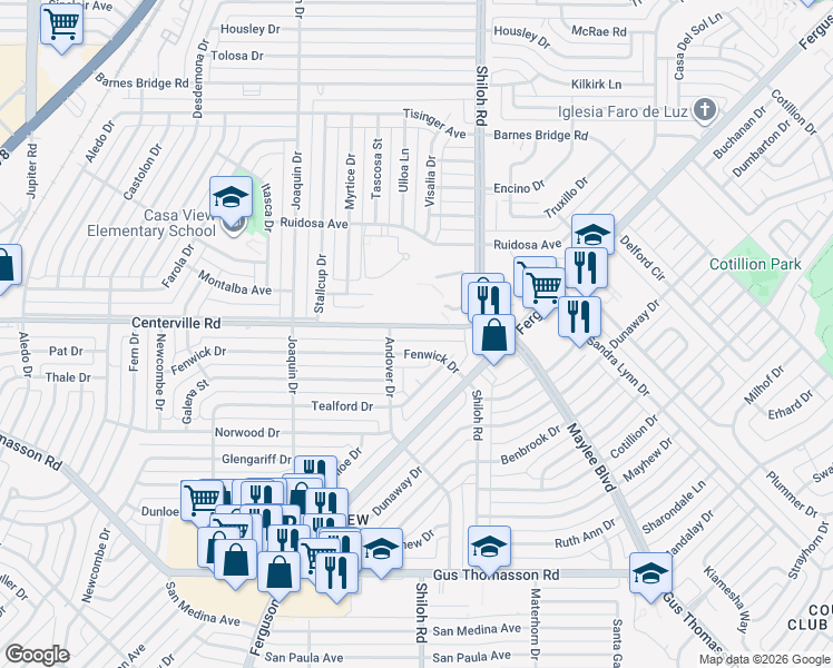 map of restaurants, bars, coffee shops, grocery stores, and more near 2608 Centerville Road in Dallas