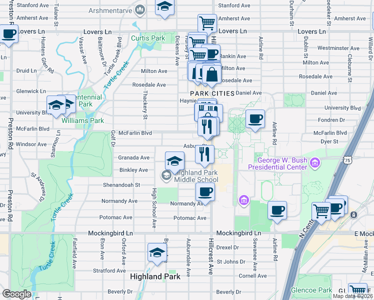 map of restaurants, bars, coffee shops, grocery stores, and more near 3443 Asbury Street in Dallas