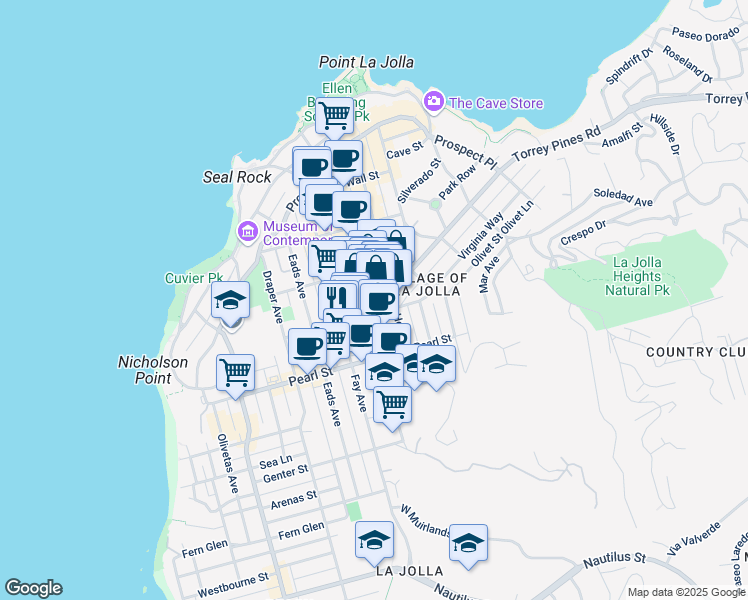 map of restaurants, bars, coffee shops, grocery stores, and more near 7611 Girard Avenue in San Diego