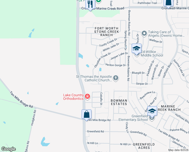 map of restaurants, bars, coffee shops, grocery stores, and more near 5932 Obsidian Creek Drive in Fort Worth