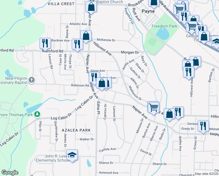 map of restaurants, bars, coffee shops, grocery stores, and more near 3427 Hillcrest Road in Macon