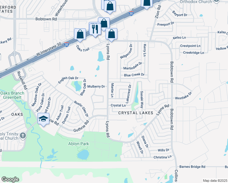 map of restaurants, bars, coffee shops, grocery stores, and more near 6002 Martie Lane in Garland