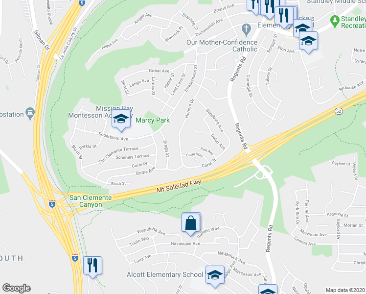 map of restaurants, bars, coffee shops, grocery stores, and more near 5473 Honors Drive in San Diego