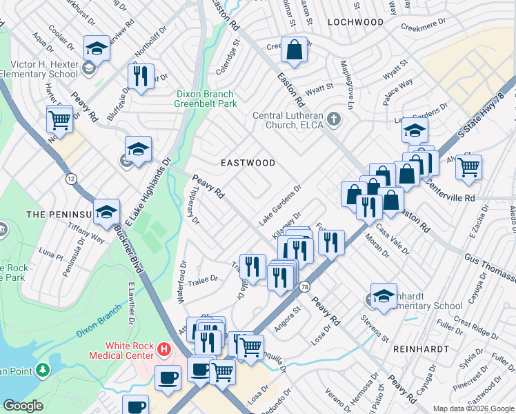 map of restaurants, bars, coffee shops, grocery stores, and more near 993 South Rustic Circle in Dallas