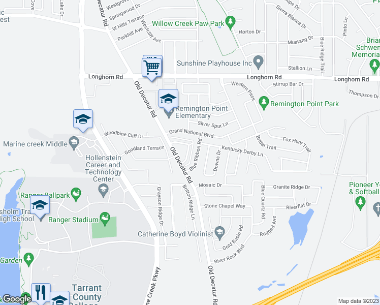 map of restaurants, bars, coffee shops, grocery stores, and more near 5664 Giddyup Lane in Fort Worth