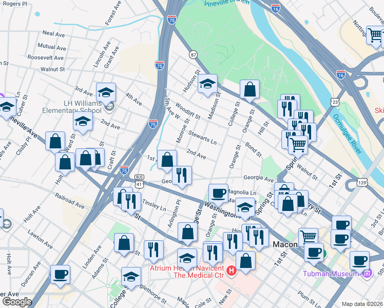 map of restaurants, bars, coffee shops, grocery stores, and more near 1352 2nd Avenue in Macon