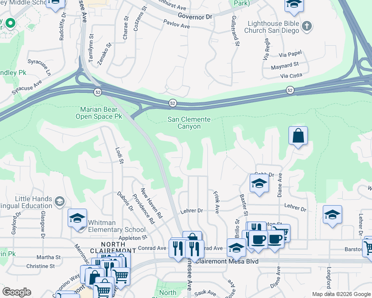map of restaurants, bars, coffee shops, grocery stores, and more near 5325 Jamestown Road in San Diego
