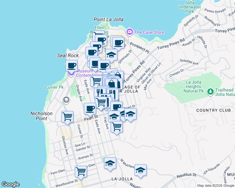 map of restaurants, bars, coffee shops, grocery stores, and more near 1055 Torrey Pines Road in San Diego