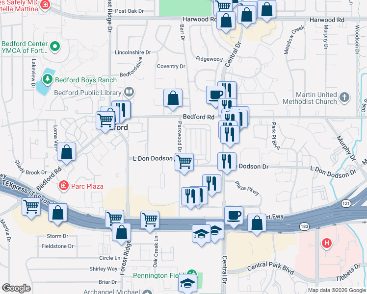 map of restaurants, bars, coffee shops, grocery stores, and more near 2433 Bedford Circle in Bedford