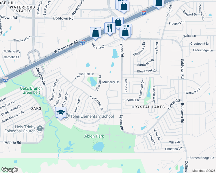 map of restaurants, bars, coffee shops, grocery stores, and more near 6009 Silverleaf Lane in Garland