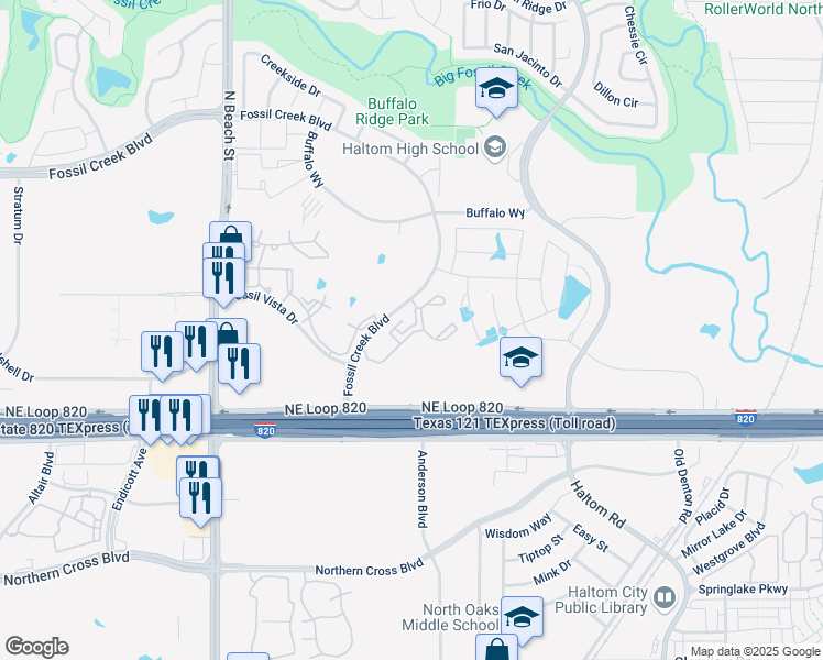map of restaurants, bars, coffee shops, grocery stores, and more near 5300 Fossil Creek Boulevard in Fort Worth