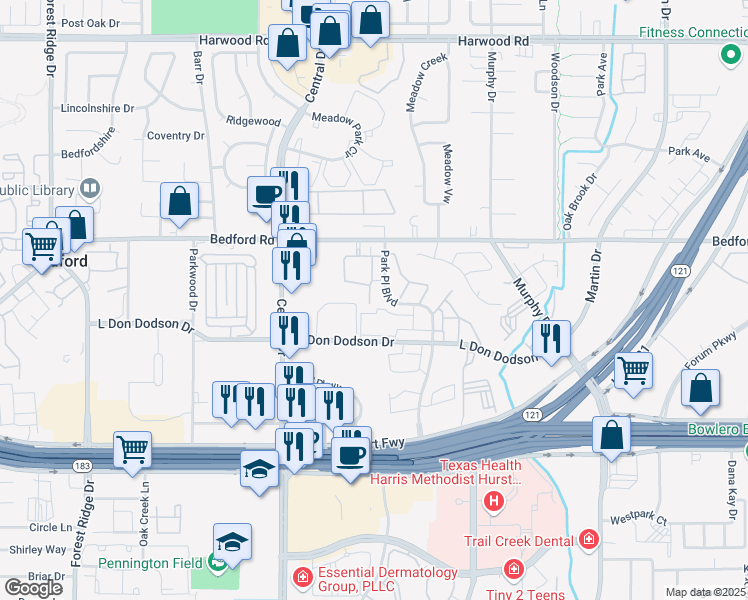 map of restaurants, bars, coffee shops, grocery stores, and more near 2201 Field Lane in Bedford
