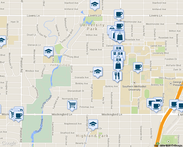 map of restaurants, bars, coffee shops, grocery stores, and more near 3601 Asbury Avenue in Dallas