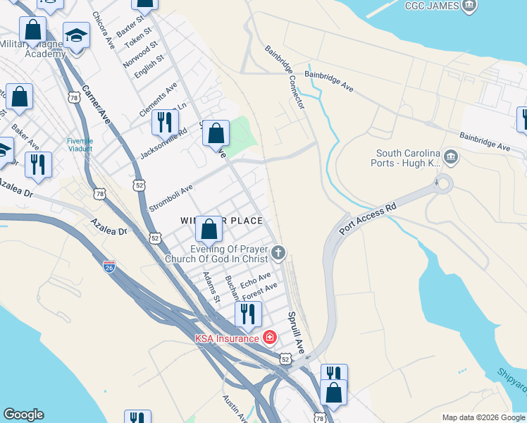 map of restaurants, bars, coffee shops, grocery stores, and more near 2440 Spruill Avenue in North Charleston