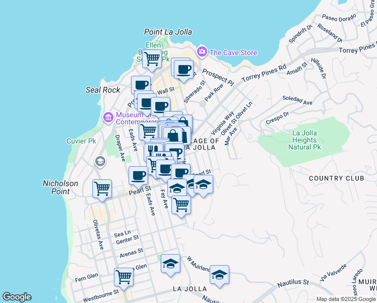 map of restaurants, bars, coffee shops, grocery stores, and more near 1120 Virginia Way in San Diego