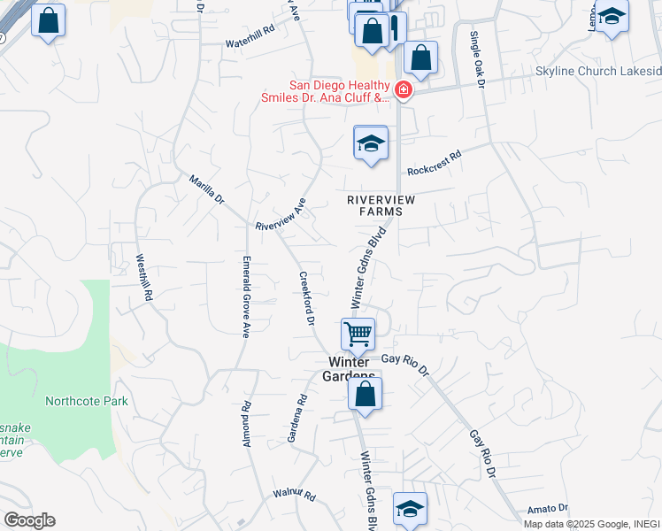 map of restaurants, bars, coffee shops, grocery stores, and more near 9121 Creekford Drive in Lakeside