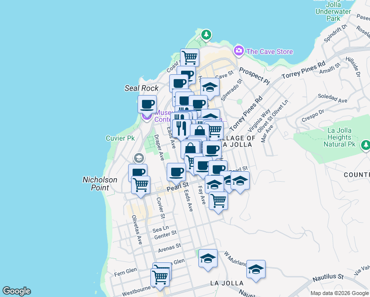 map of restaurants, bars, coffee shops, grocery stores, and more near 7600 Fay Avenue in San Diego