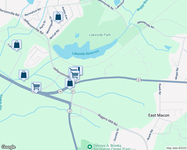 map of restaurants, bars, coffee shops, grocery stores, and more near 3020 Jeffersonville Road in Macon