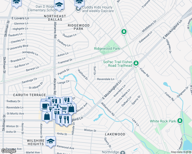 map of restaurants, bars, coffee shops, grocery stores, and more near 6747 Ravendale Lane in Dallas