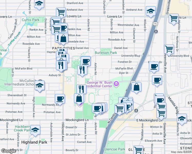 map of restaurants, bars, coffee shops, grocery stores, and more near 3072 SMU Boulevard in Dallas