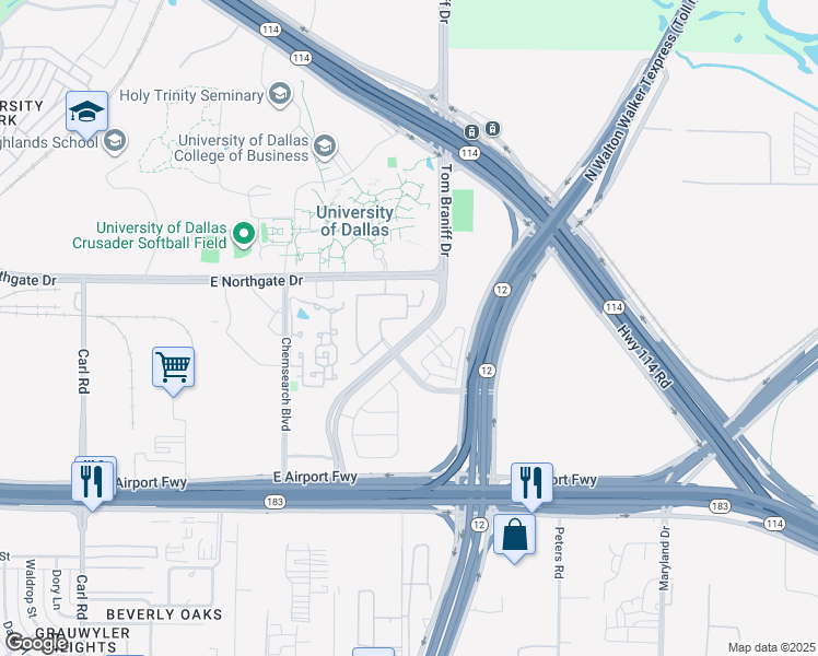 map of restaurants, bars, coffee shops, grocery stores, and more near 2026 Tawakoni Drive in Irving