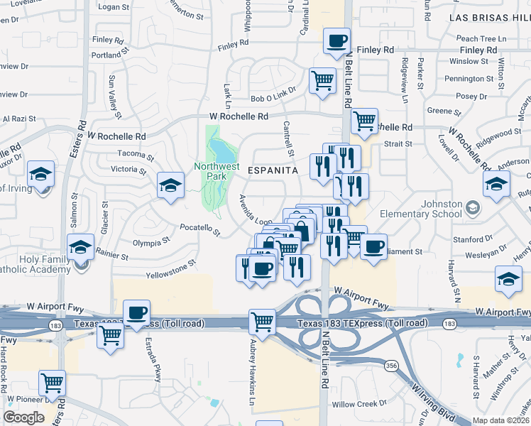 map of restaurants, bars, coffee shops, grocery stores, and more near 2609 Avenida Loop in Irving