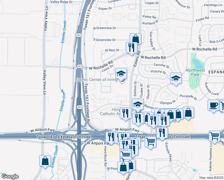 map of restaurants, bars, coffee shops, grocery stores, and more near 4607 Nellore Street in Irving
