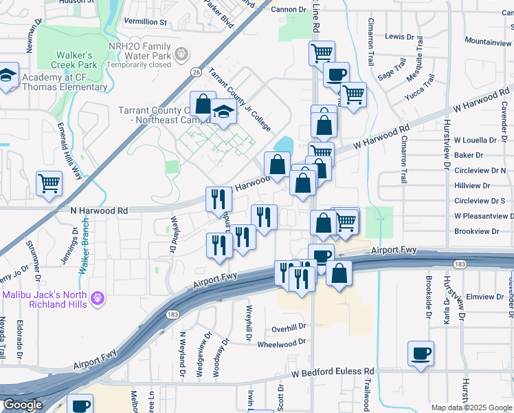 map of restaurants, bars, coffee shops, grocery stores, and more near 827 West Harwood Road in Hurst
