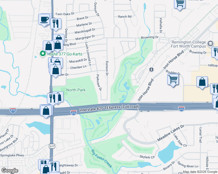 map of restaurants, bars, coffee shops, grocery stores, and more near 5244 Dunson Drive in Haltom City