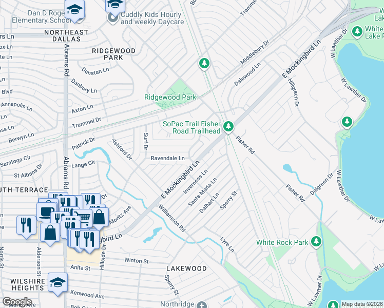 map of restaurants, bars, coffee shops, grocery stores, and more near 4514 Rockaway Drive in Dallas