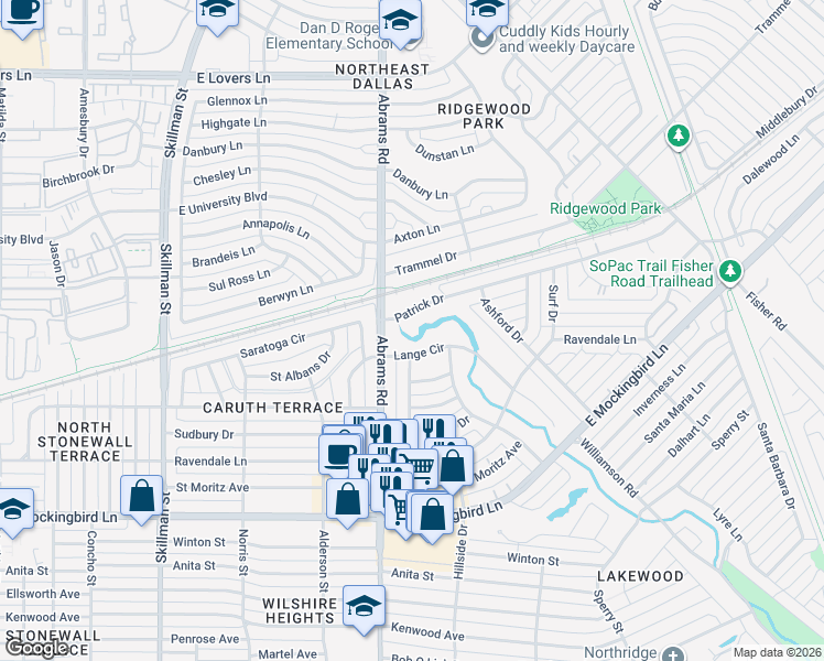 map of restaurants, bars, coffee shops, grocery stores, and more near 6416 Patrick Drive in Dallas