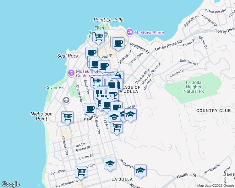 map of restaurants, bars, coffee shops, grocery stores, and more near 1055 Torrey Pines Road in San Diego