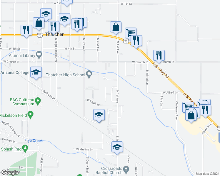 map of restaurants, bars, coffee shops, grocery stores, and more near 508 Eagle Meadow Loop in Thatcher