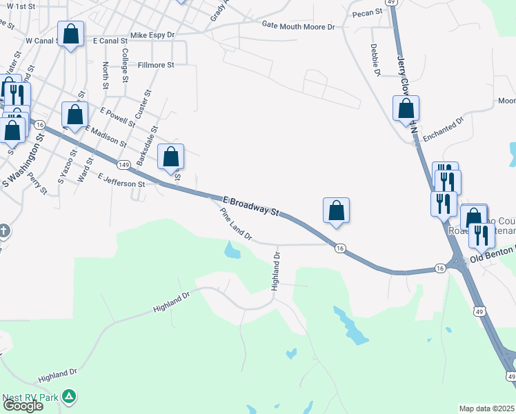 map of restaurants, bars, coffee shops, grocery stores, and more near East Broadway Street in Yazoo City