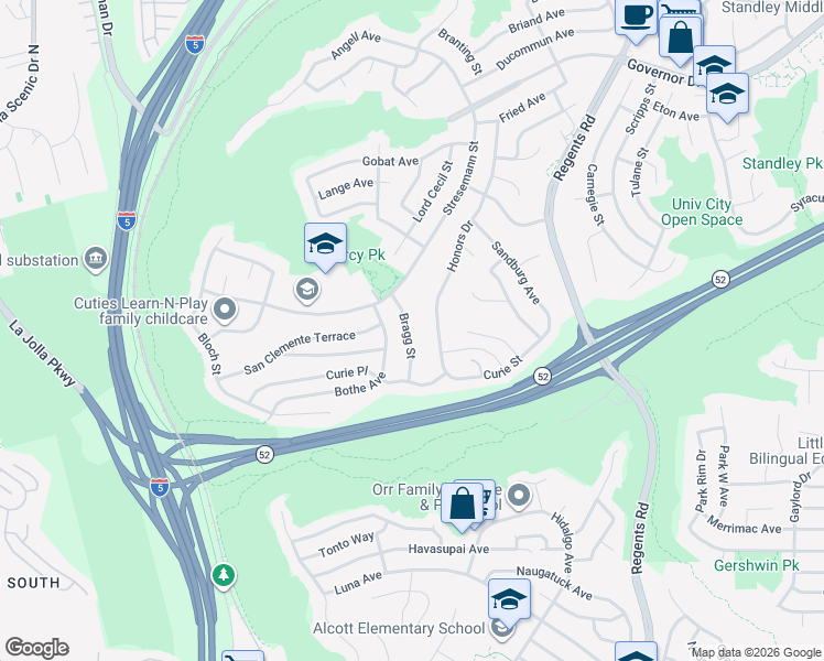 map of restaurants, bars, coffee shops, grocery stores, and more near 5425 Bragg Street in San Diego
