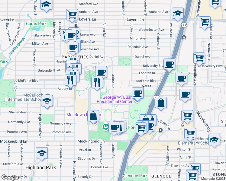 map of restaurants, bars, coffee shops, grocery stores, and more near 6251 Airline Road in Dallas