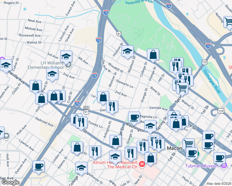 map of restaurants, bars, coffee shops, grocery stores, and more near 1352 2nd Avenue in Macon