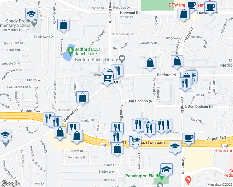 map of restaurants, bars, coffee shops, grocery stores, and more near 1509 Forest Park Circle in Bedford