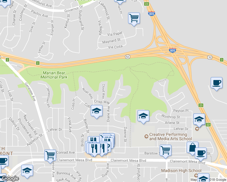map of restaurants, bars, coffee shops, grocery stores, and more near 5424 Diane Avenue in San Diego