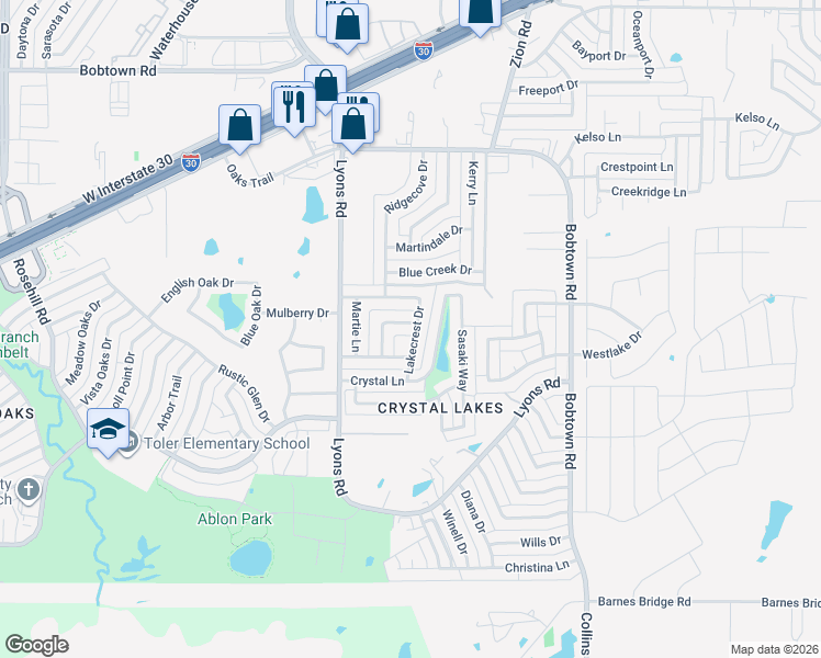map of restaurants, bars, coffee shops, grocery stores, and more near 5902 Highcrest Drive in Garland