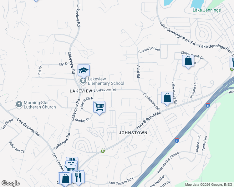 map of restaurants, bars, coffee shops, grocery stores, and more near 13457 East Lakeview Road in Lakeside