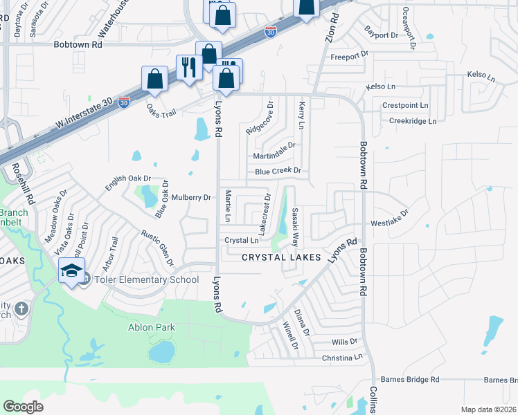 map of restaurants, bars, coffee shops, grocery stores, and more near 5906 Highcrest Drive in Garland