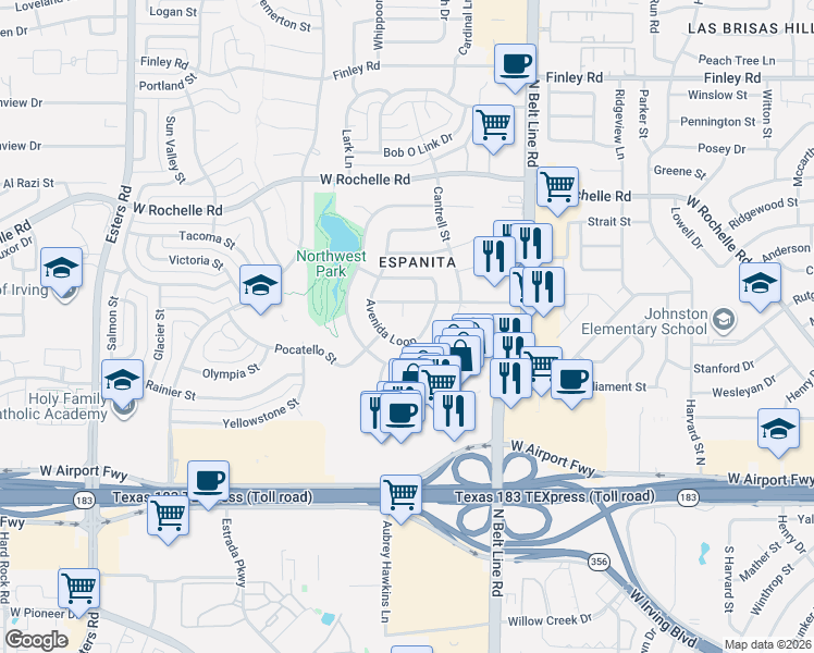 map of restaurants, bars, coffee shops, grocery stores, and more near 2609 Avenida Loop in Irving