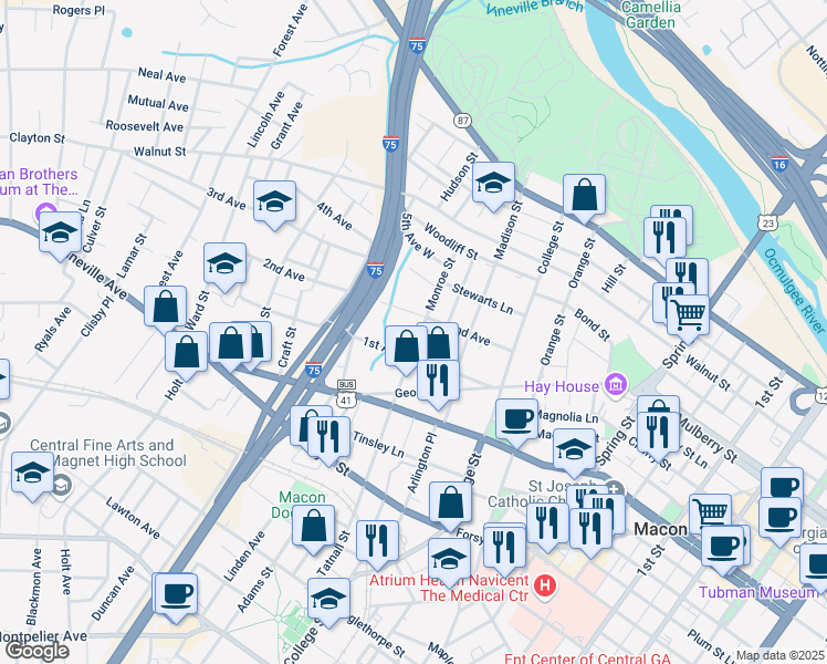 map of restaurants, bars, coffee shops, grocery stores, and more near 381 Monroe Street in Macon