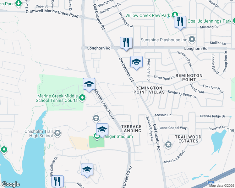 map of restaurants, bars, coffee shops, grocery stores, and more near 1253 Goodland Terrace in Fort Worth